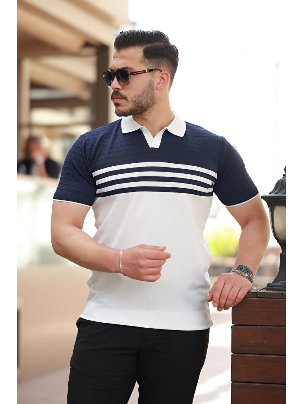 Lacivert Erkek çizgi Desenli Yakalı Kısa Kollu T-shirt