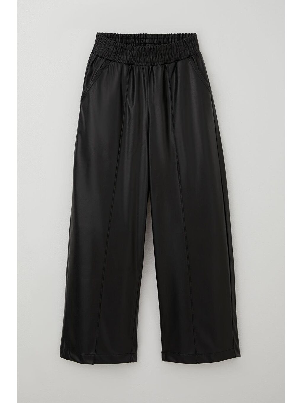 Kız Çocuk Deri Pantolon Çima Dikiş Detaylı Beli Lastikli Cepli Siyah (8-14 Yaş)