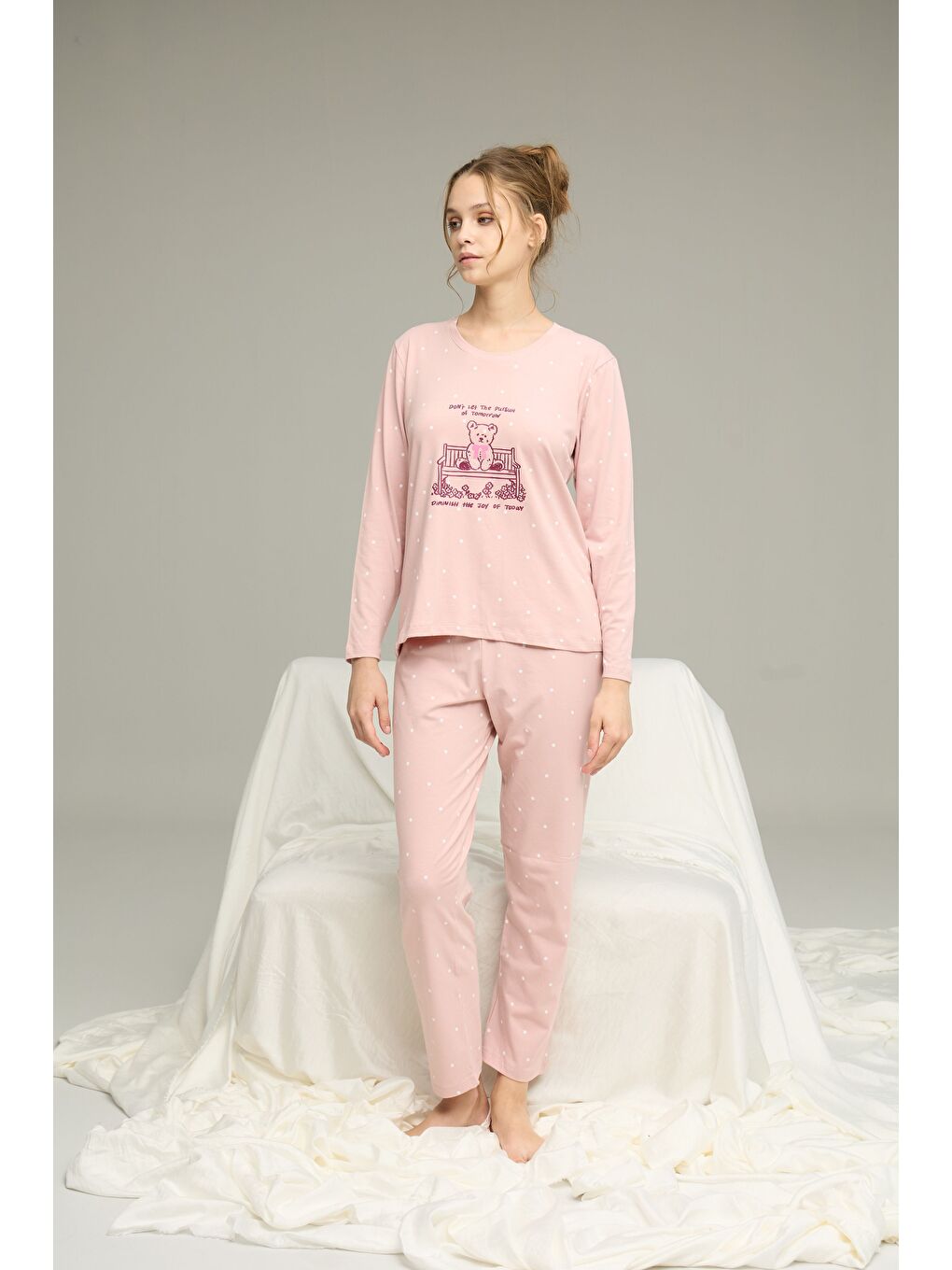 Pembe Pudra Puan Desenli Pamuklu Bisiklet Yaka Örme Pijama Takım25241143