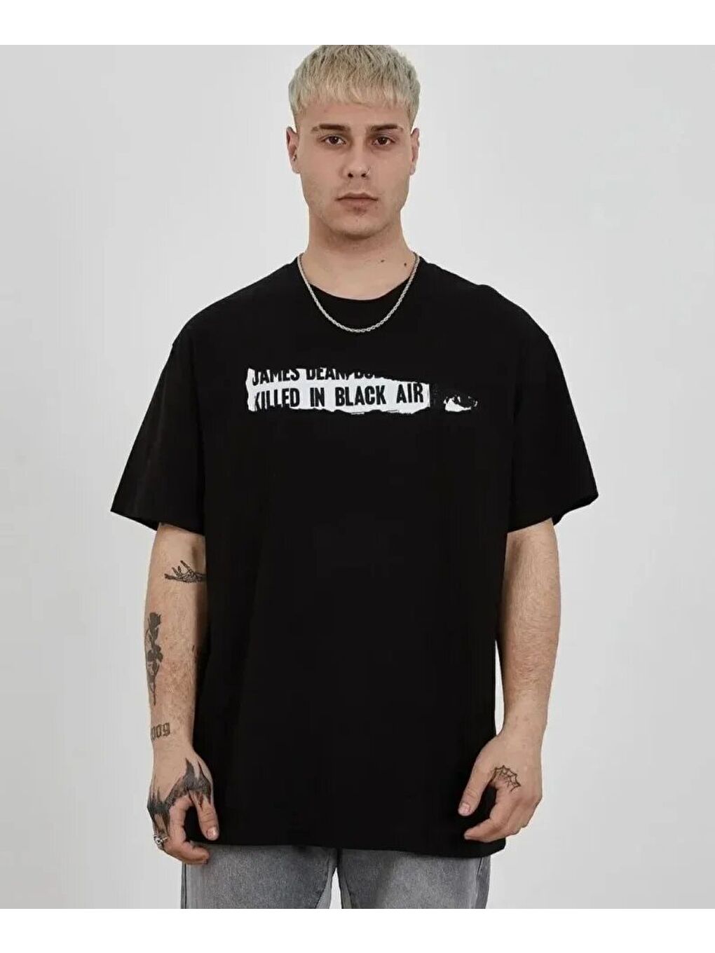 Unisex Bisiklet Yaka Baskılı Oversize T-Shirt - Siyah