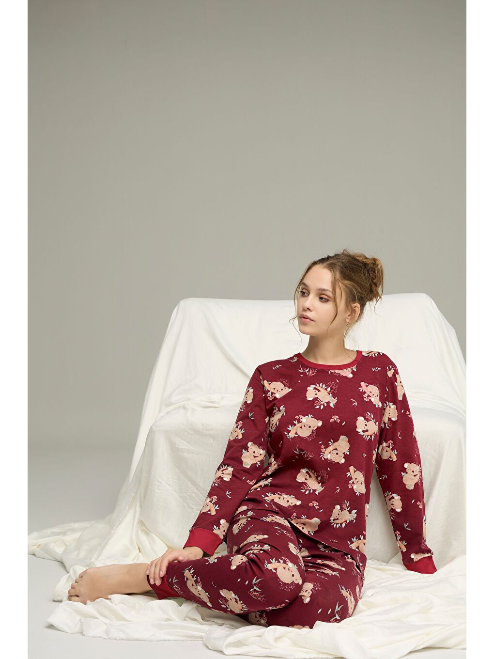 Bordo Koala Desenli Pamuklu Bisiklet Yaka Örme Pijama Takım25241141-1