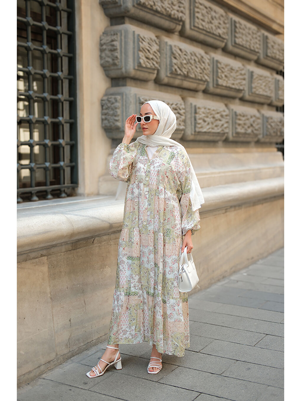 Kadın Vintage Çicek Desenli Elbise Yeşil