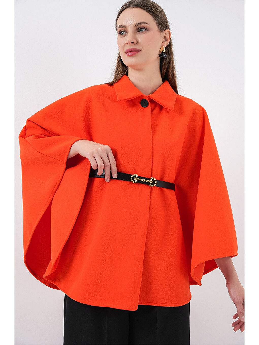 Kadın Kemerli Kaşe Panço 9170 - Turuncu-5