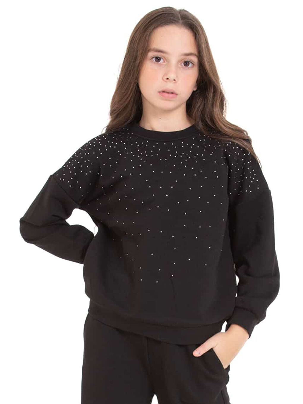 Siyah Kız Çocuk 3 İplik Taş Detaylı Alt-Üst Takım 4-12 Yaş 12346-1