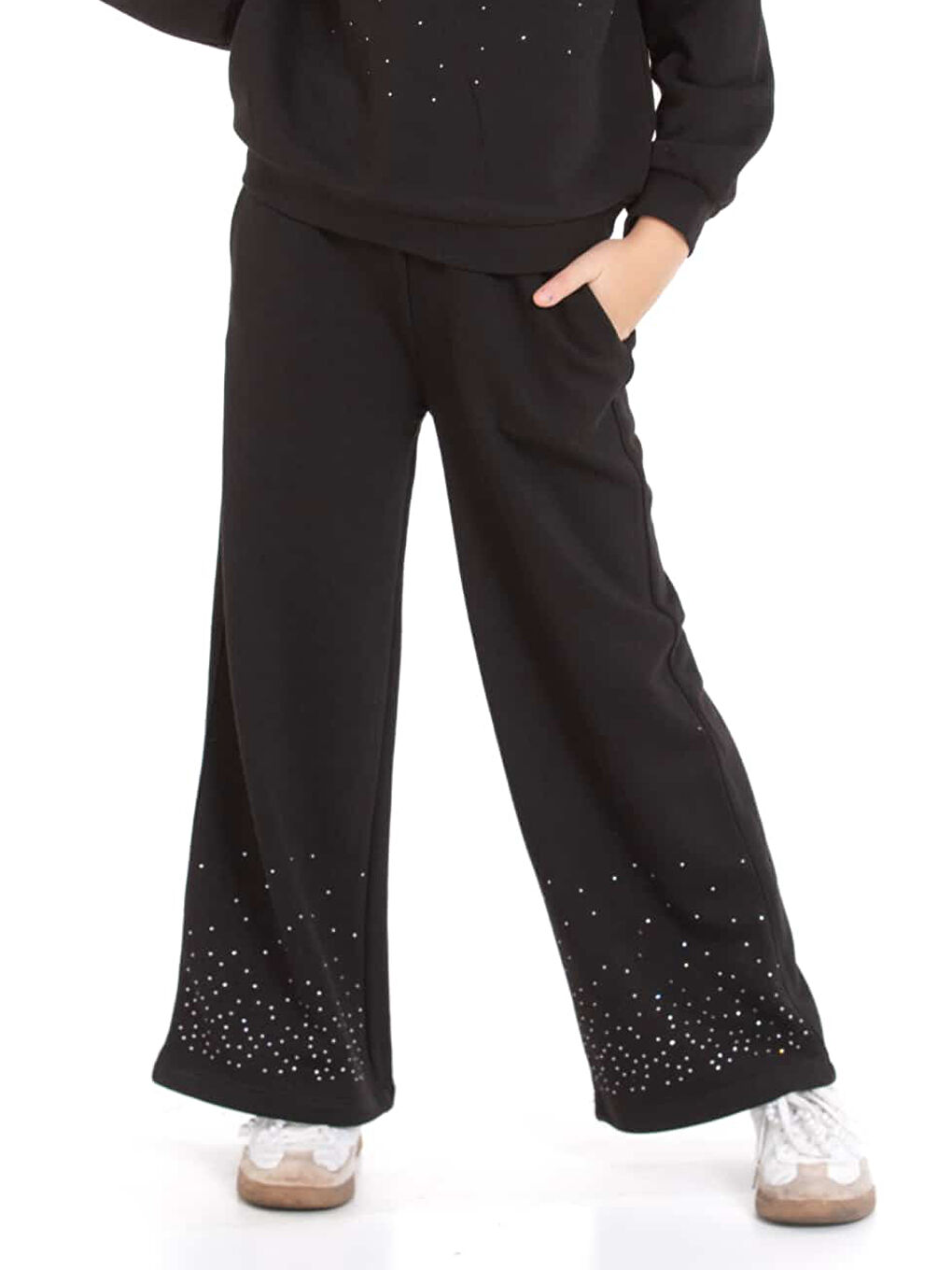 Siyah Kız Çocuk 3 İplik Taş Detaylı Alt-Üst Takım 4-12 Yaş 12346-2