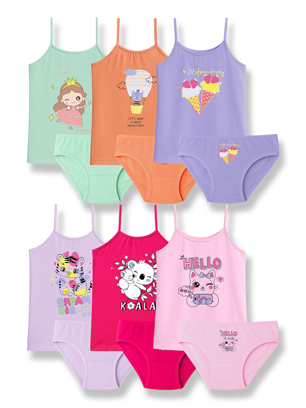 Karışık Kız Çocuk Pamuklu Baskılı Atlet ve Külot İç Çamaşır Takımı – 6’lı Paket