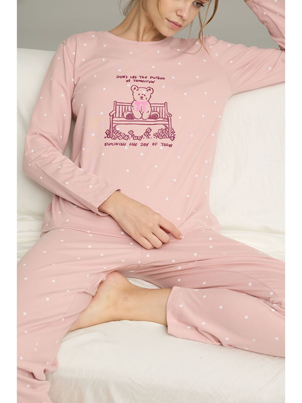 Pembe Pudra Puan Desenli Pamuklu Bisiklet Yaka Örme Pijama Takım25241143-1
