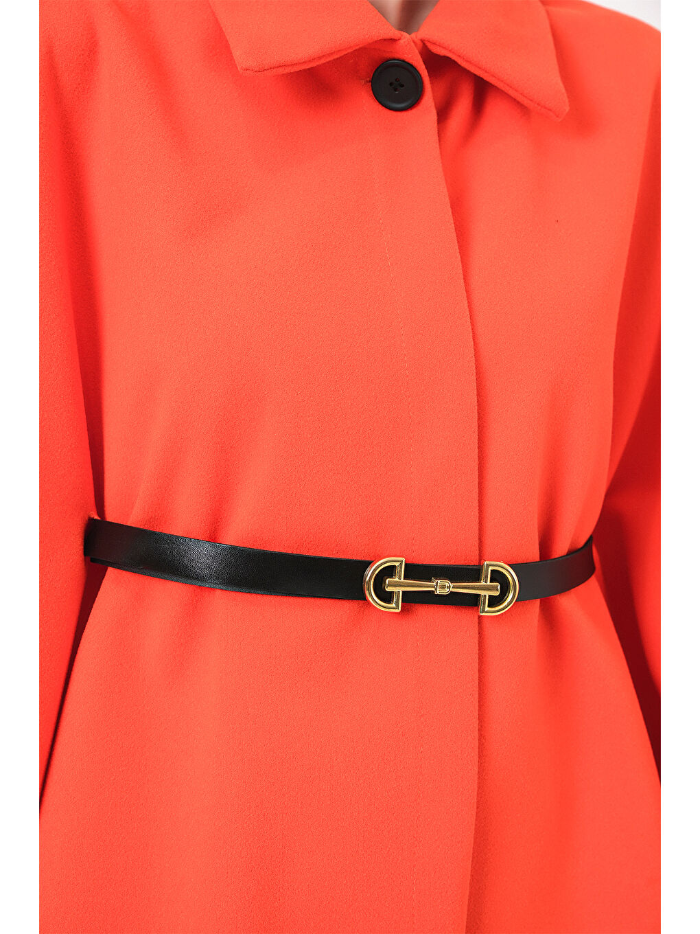 Kadın Kemerli Kaşe Panço 9170 - Turuncu-6