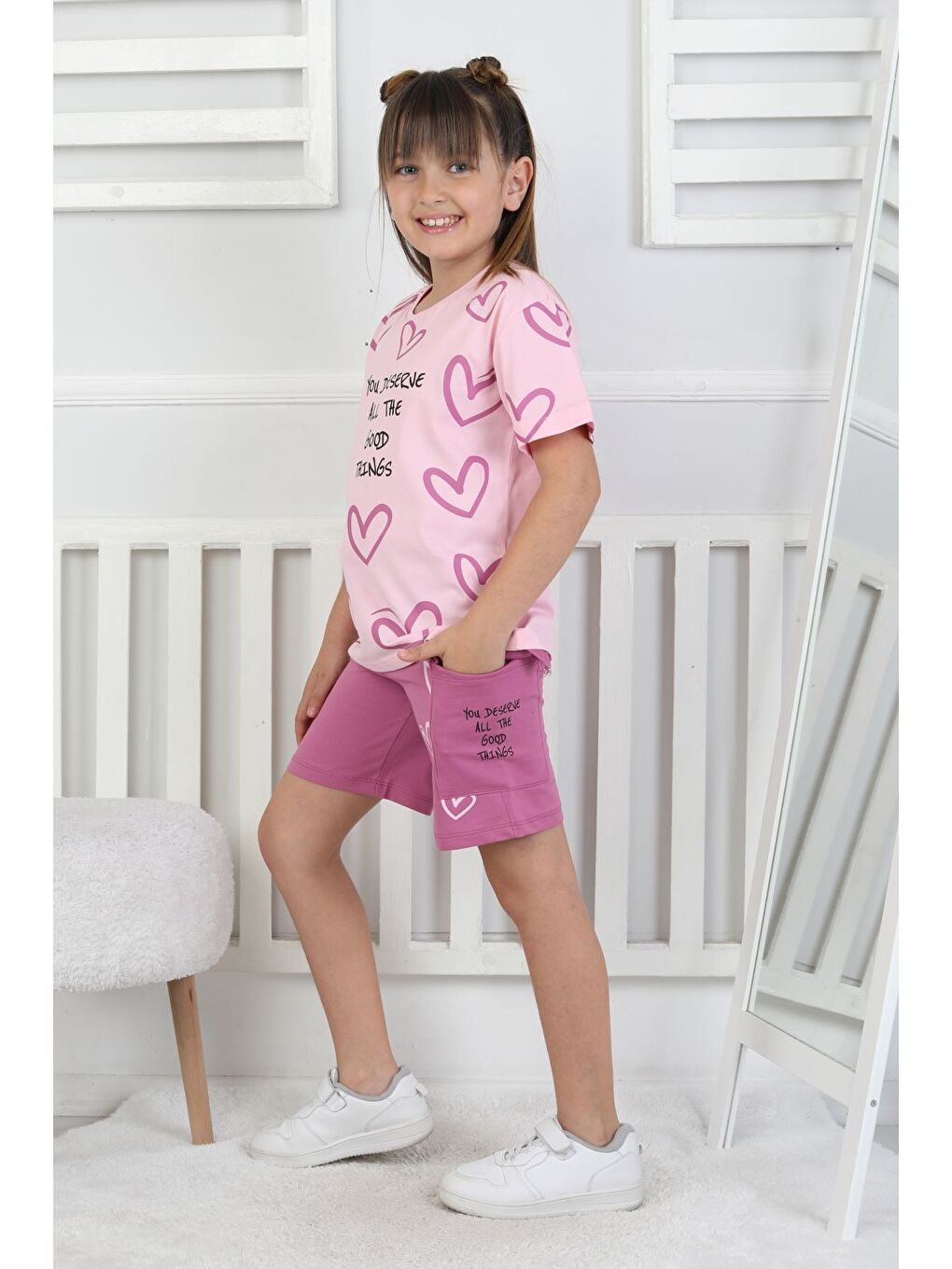 Mor Good Things Kalp Desenli Kız Çocuk Üst Süprem Alt 2 İp Şort Takım