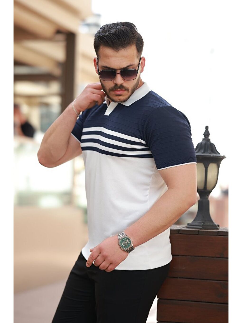 Lacivert Erkek çizgi Desenli Yakalı Kısa Kollu T-shirt-1