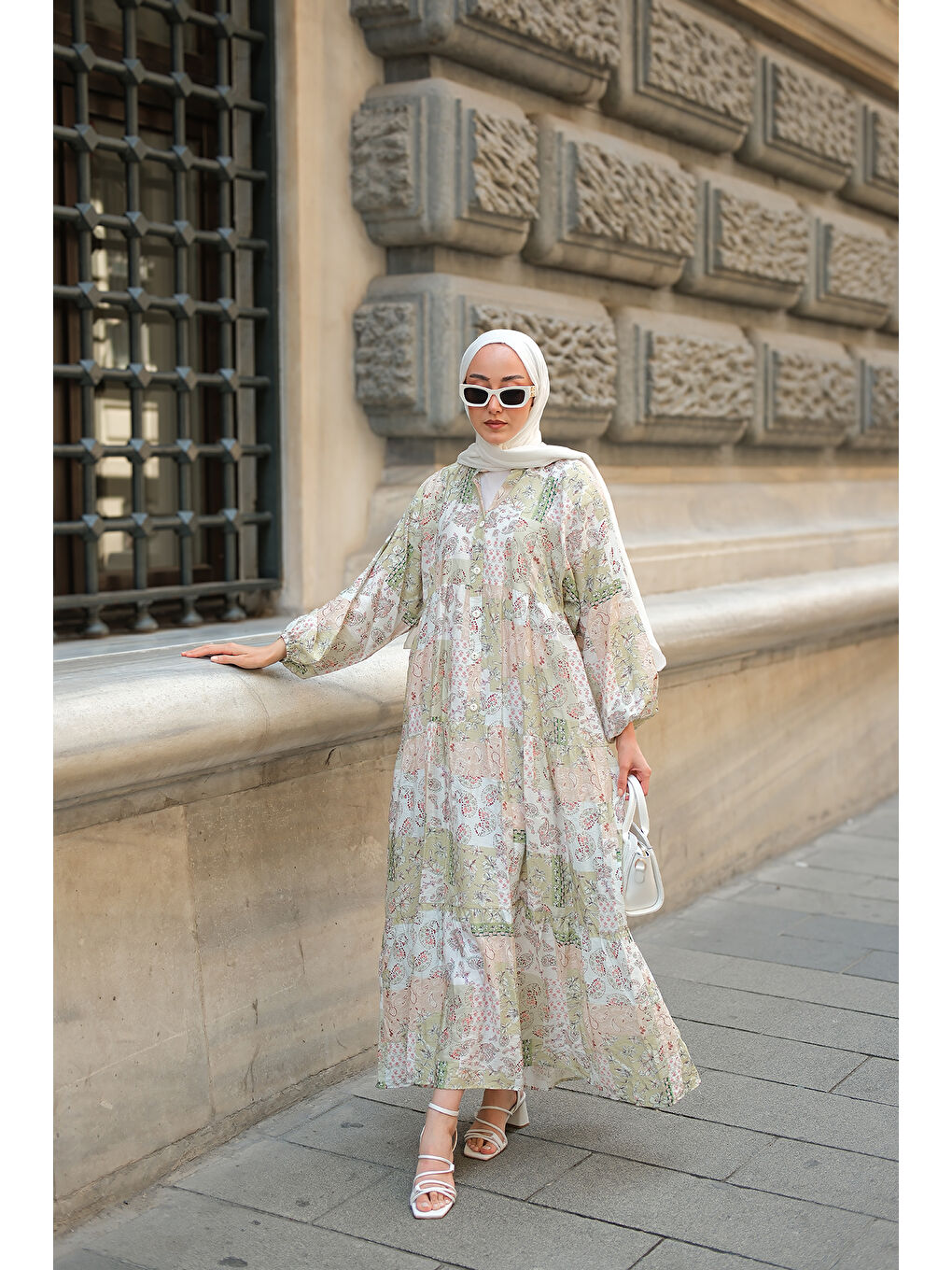 Kadın Vintage Çicek Desenli Elbise Yeşil-2