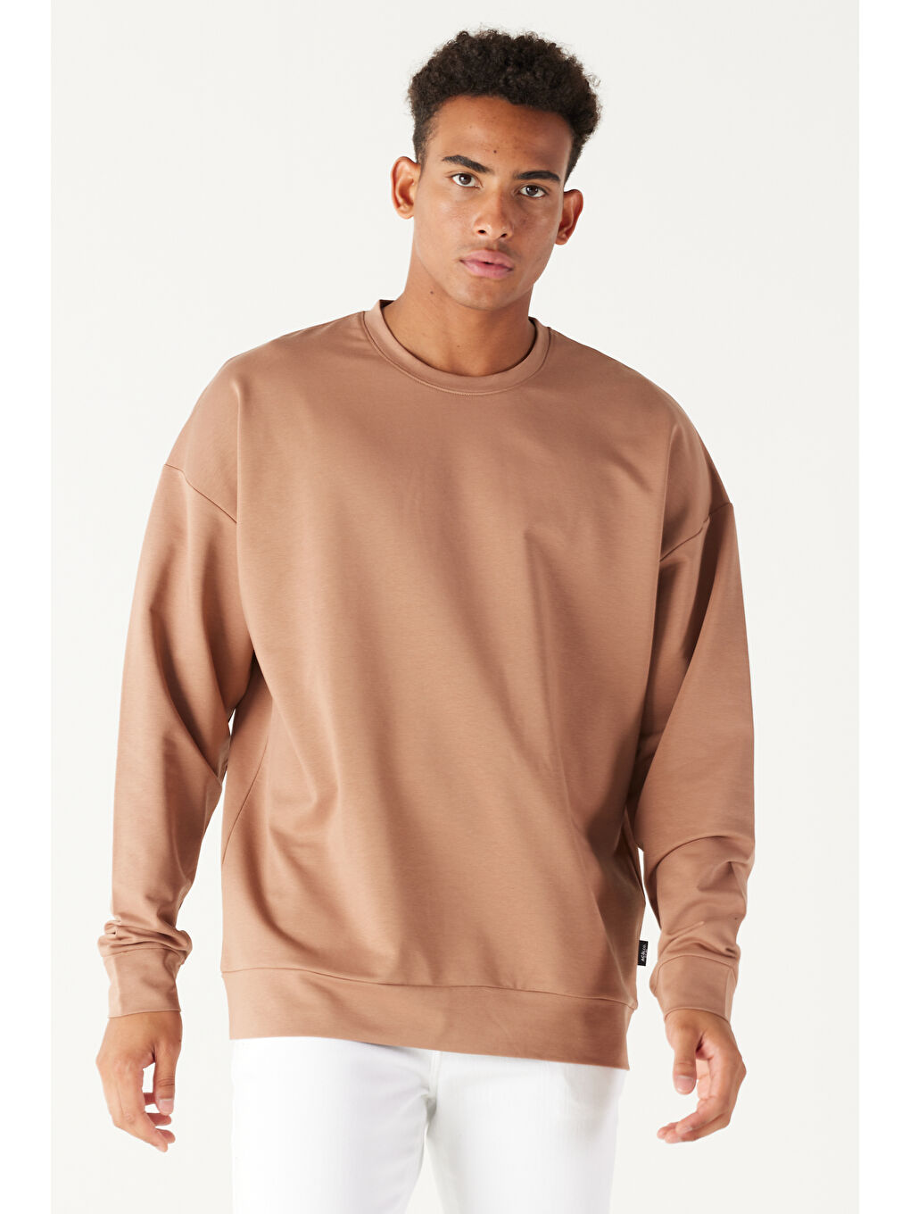 Bej Erkek Vizon Oversize Fit Geniş Kesim Bisiklet Yaka Pamuklu Sweatshirt