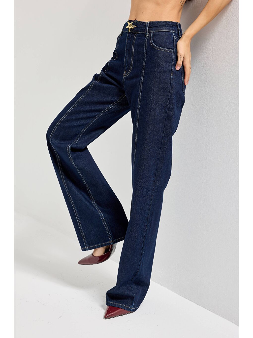 Kadın İndigo Renk 7s6-50 Straight Fit Yüksek Bel Düğme Detaylı Denim Jean