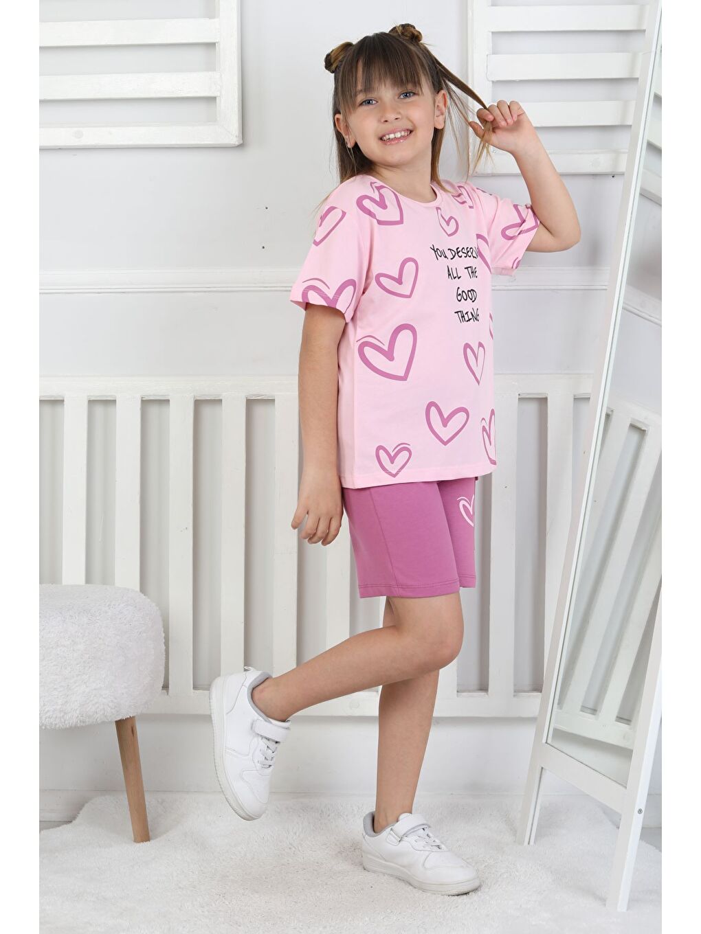 Mor Good Things Kalp Desenli Kız Çocuk Üst Süprem Alt 2 İp Şort Takım-1