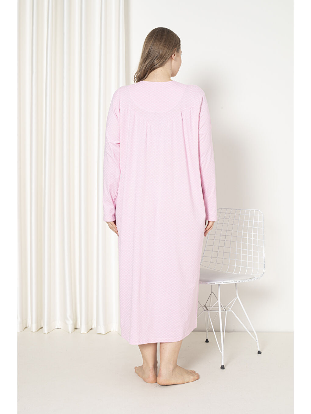 Pembe %100 Pamuklu Penye Uzun Kol Büyük Beden Anne Geceliği 052-4