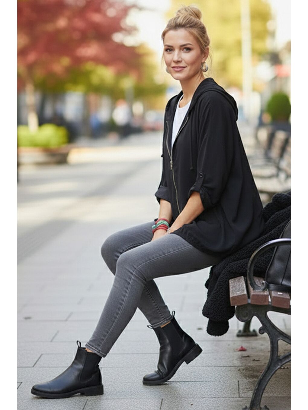 İtalyan Siyah Kapüşonlu 3/4 Kol Fermuarlı Cepli Casual Pamuklu Dokuma Ceket 70 70-1