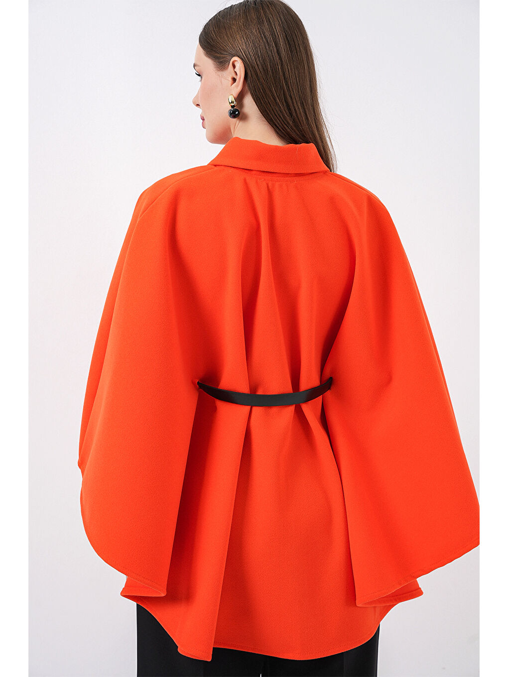 Kadın Kemerli Kaşe Panço 9170 - Turuncu-7