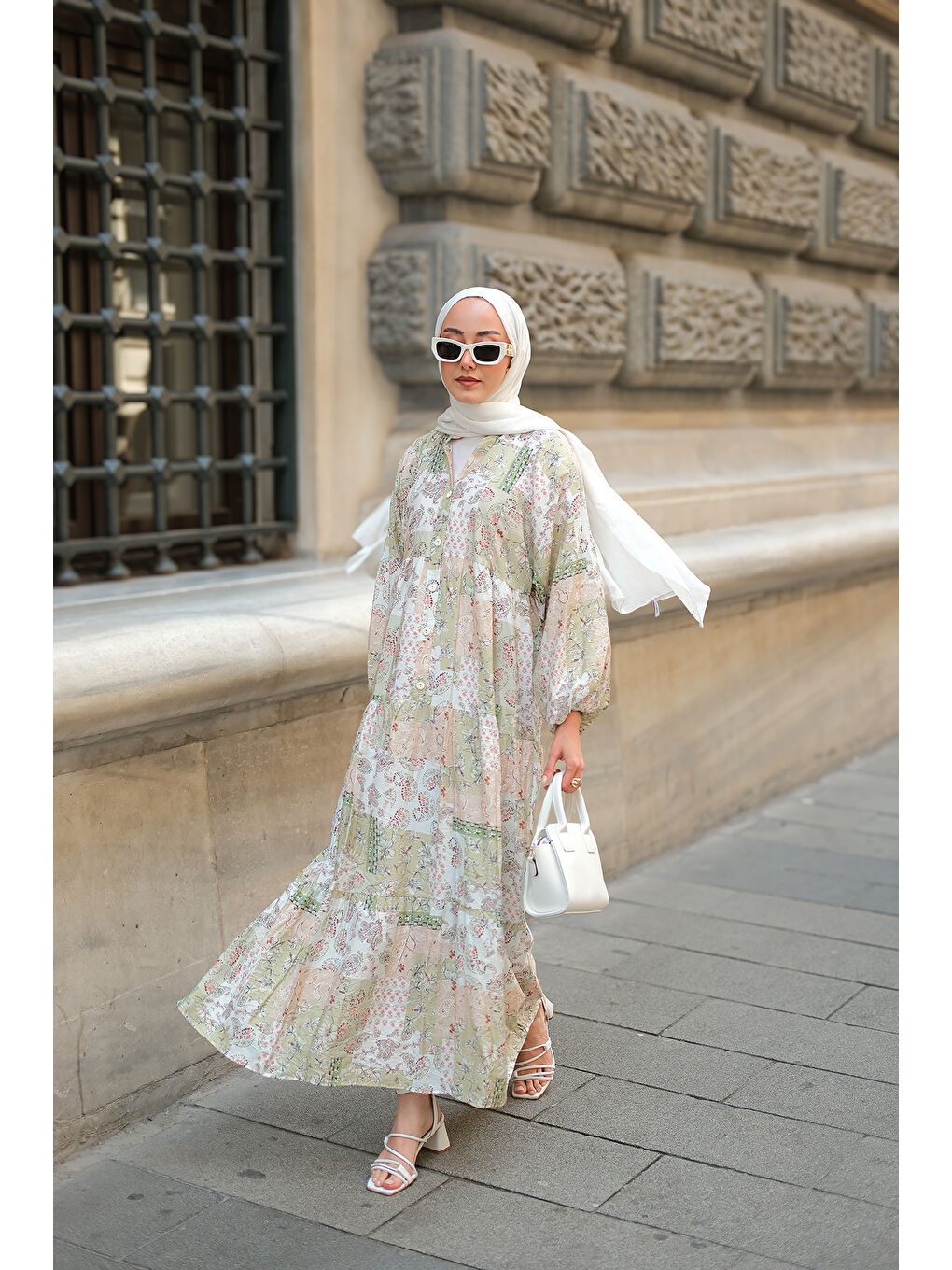 Kadın Vintage Çicek Desenli Elbise Yeşil-3