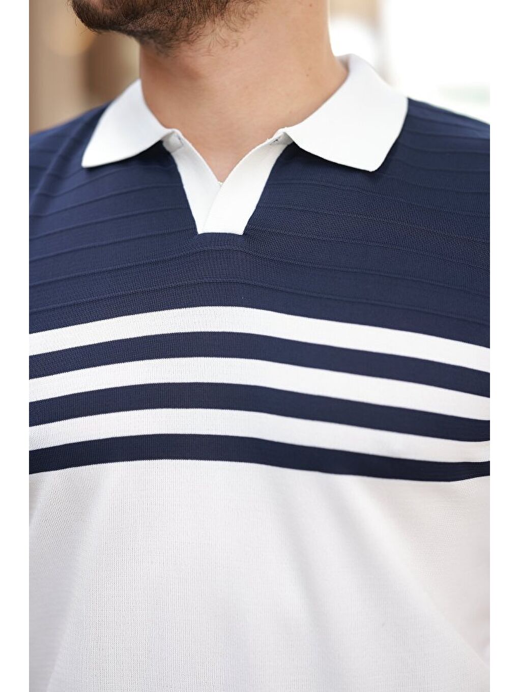 Lacivert Erkek çizgi Desenli Yakalı Kısa Kollu T-shirt-2