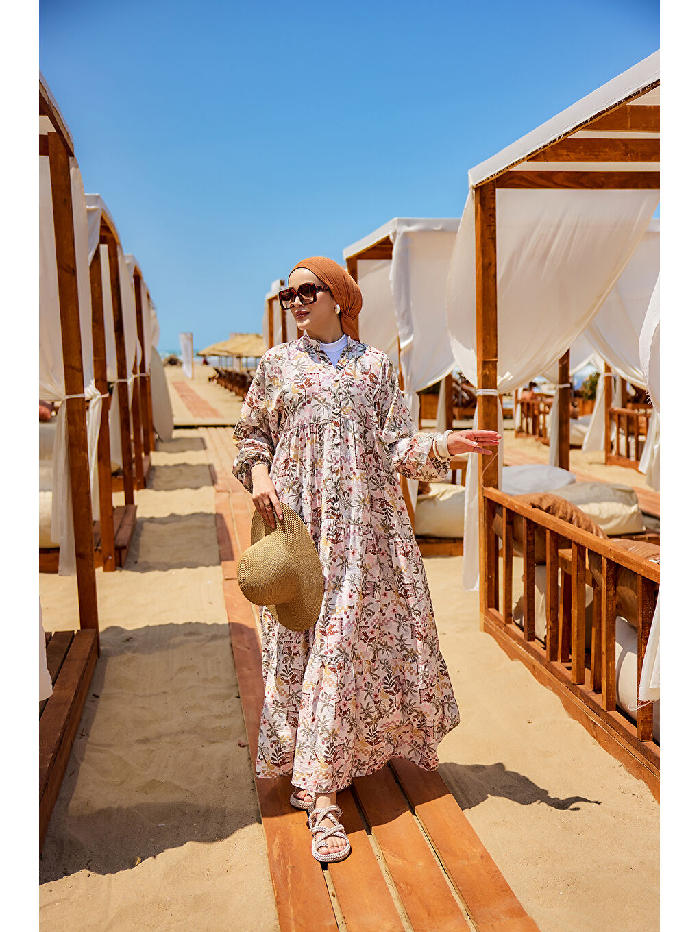 Kadın Palmiye Desen Elbise Kahverengi