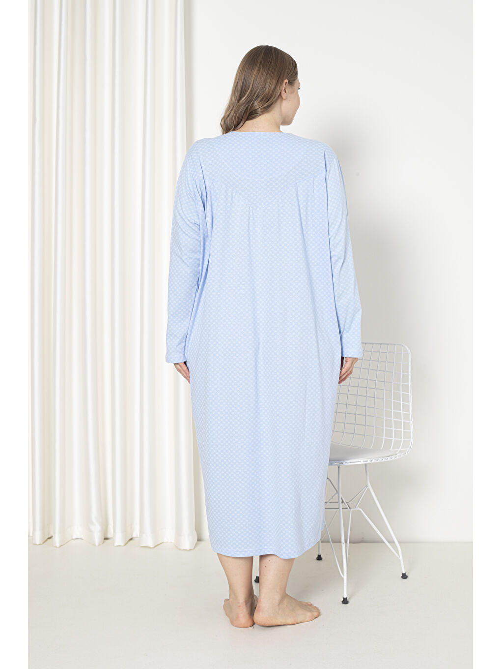 Mavi %100 Pamuklu Penye Uzun Kol Büyük Beden Anne Geceliği 052-4