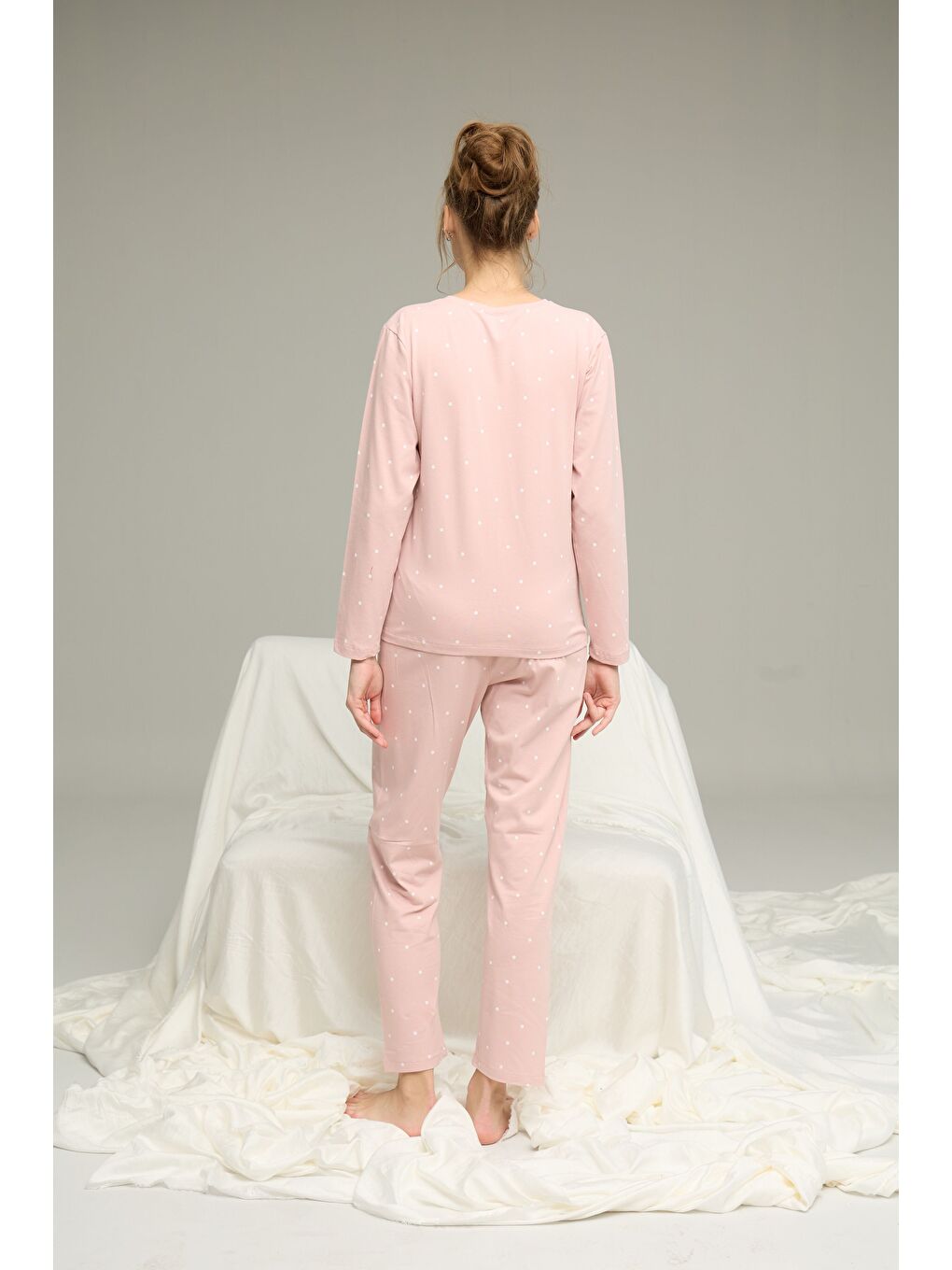 Pembe Pudra Puan Desenli Pamuklu Bisiklet Yaka Örme Pijama Takım25241143-2