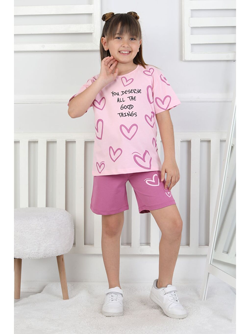 Mor Good Things Kalp Desenli Kız Çocuk Üst Süprem Alt 2 İp Şort Takım-3