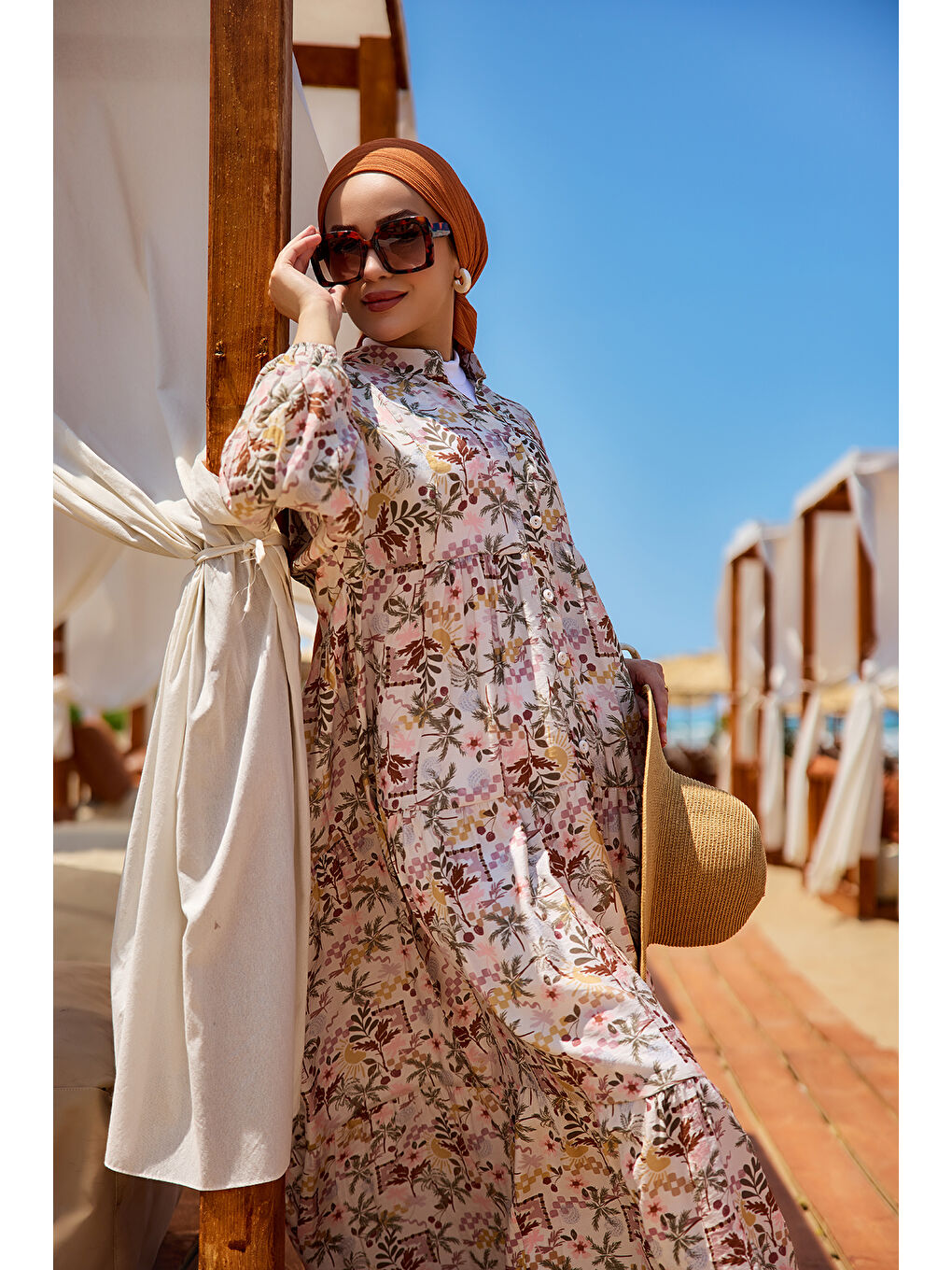 Kadın Palmiye Desen Elbise Kahverengi-1