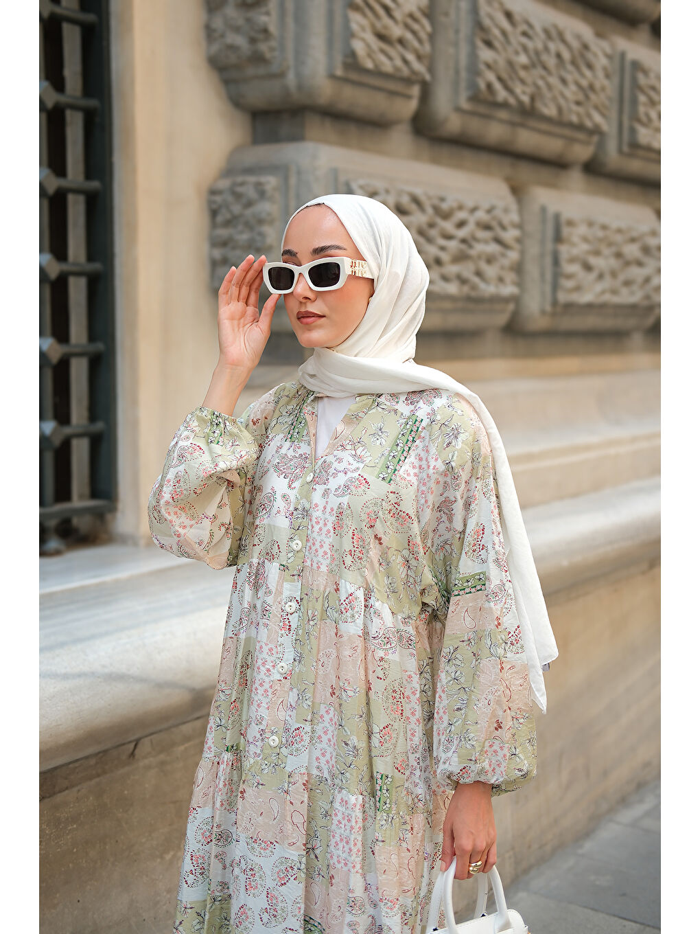 Kadın Vintage Çicek Desenli Elbise Yeşil-4