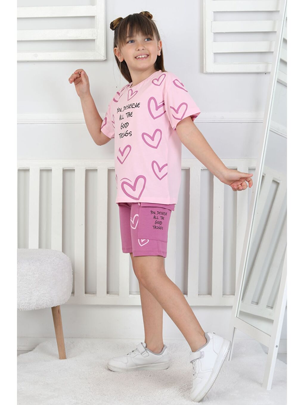 Mor Good Things Kalp Desenli Kız Çocuk Üst Süprem Alt 2 İp Şort Takım-4