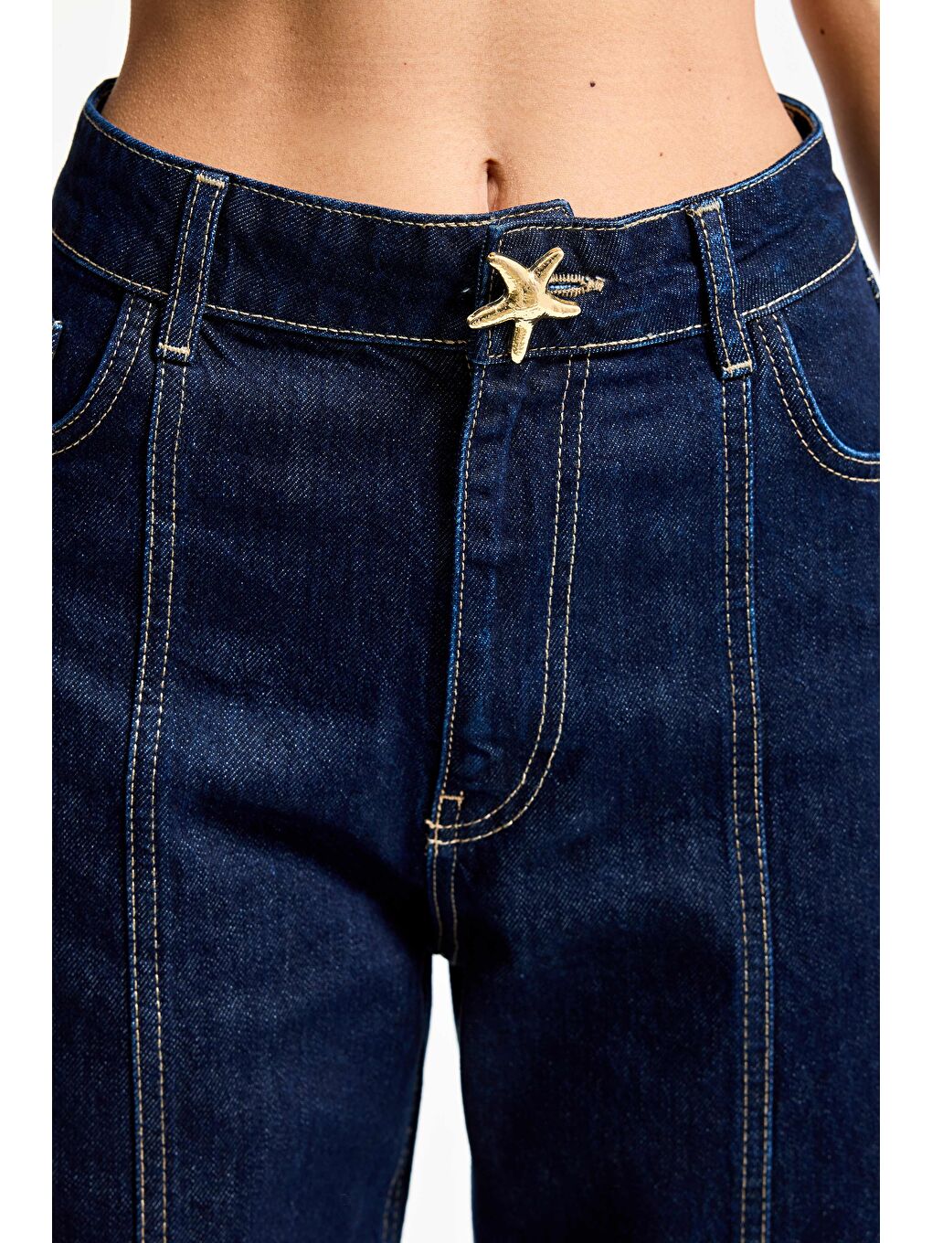 Kadın İndigo Renk 7s6-50 Straight Fit Yüksek Bel Düğme Detaylı Denim Jean-1