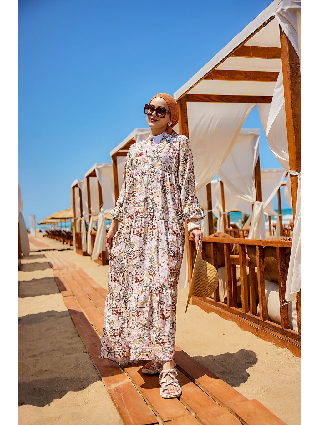 Kadın Palmiye Desen Elbise Kahverengi-2