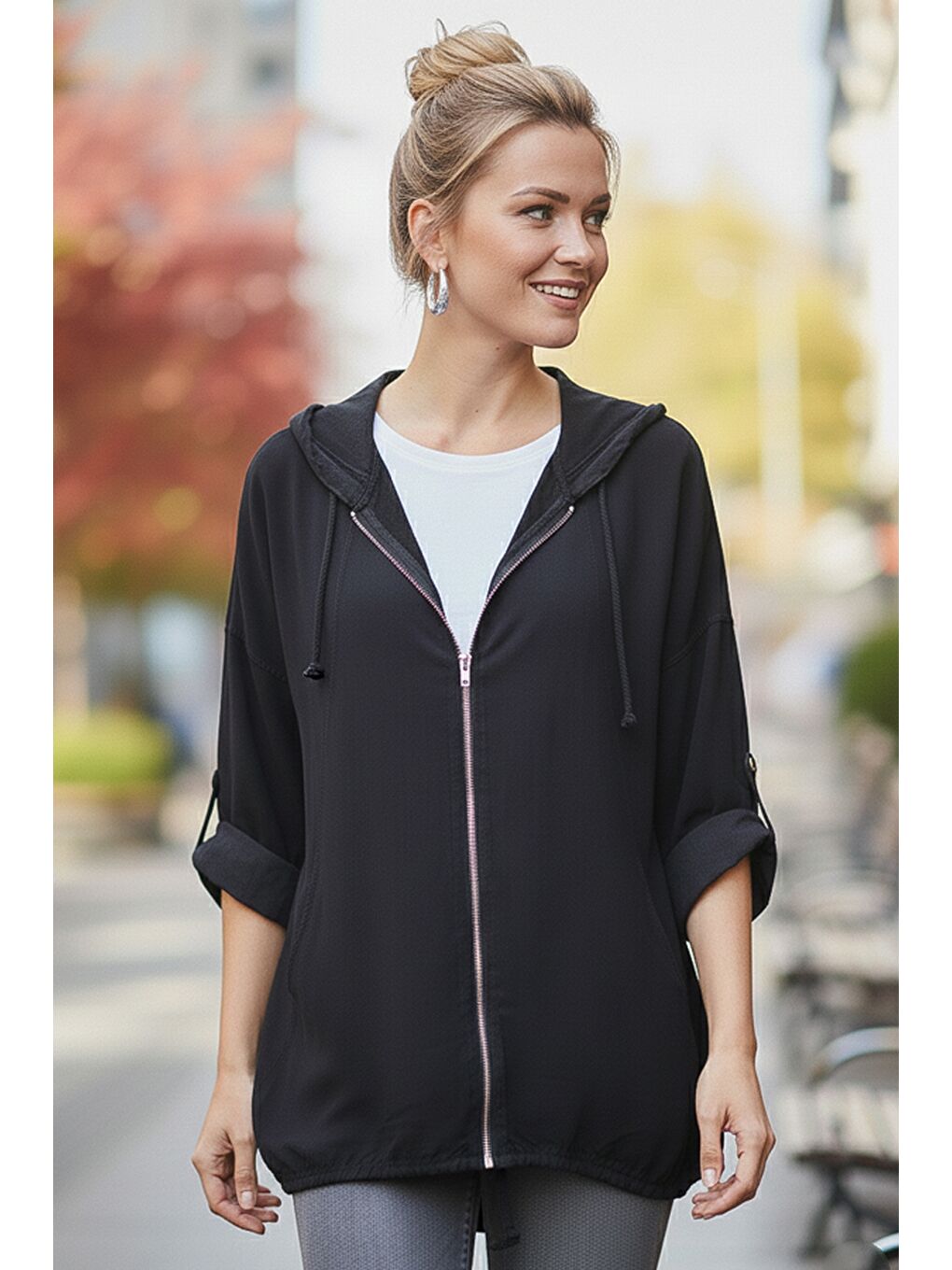 İtalyan Siyah Kapüşonlu 3/4 Kol Fermuarlı Cepli Casual Pamuklu Dokuma Ceket 70 70-2