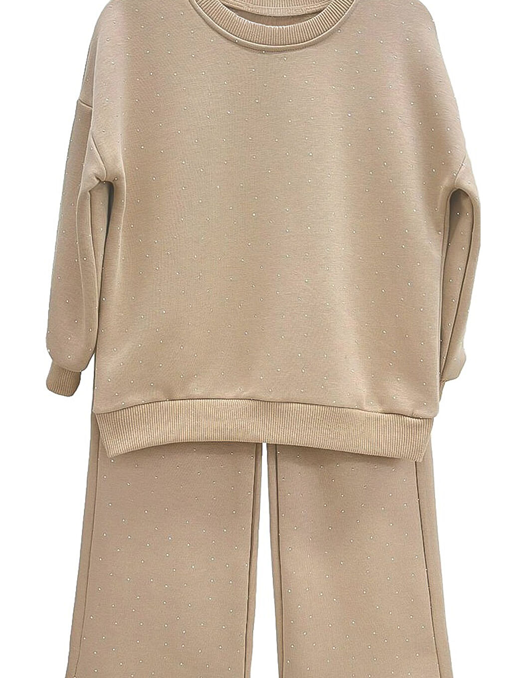 Bej Kız Çocuk Taş Süslemeli Alt-Üst Takım-3 İplik 4-12 Yaş 12345-1