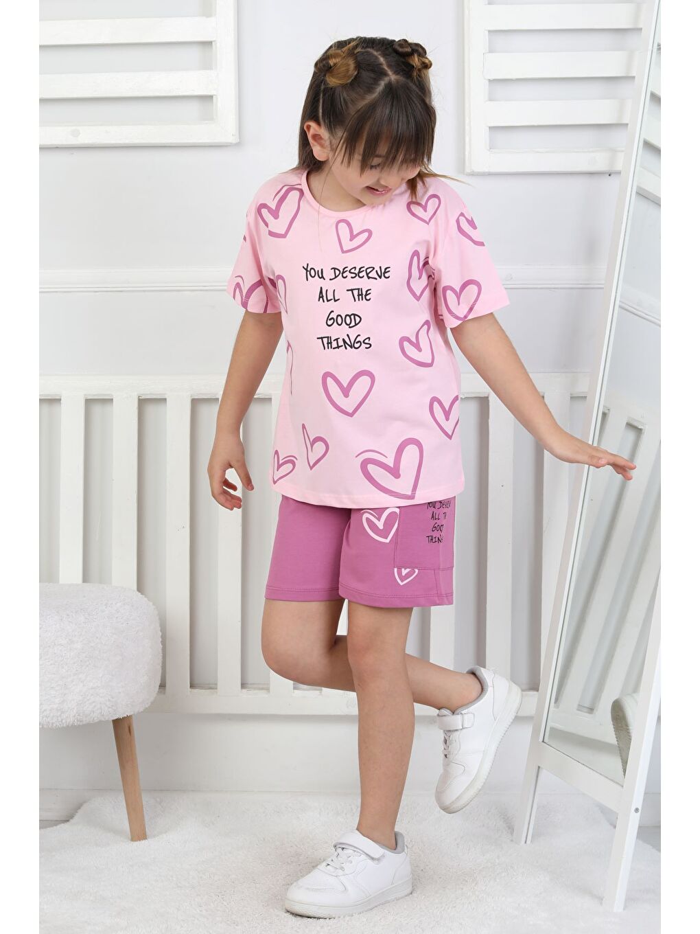 Mor Good Things Kalp Desenli Kız Çocuk Üst Süprem Alt 2 İp Şort Takım-5