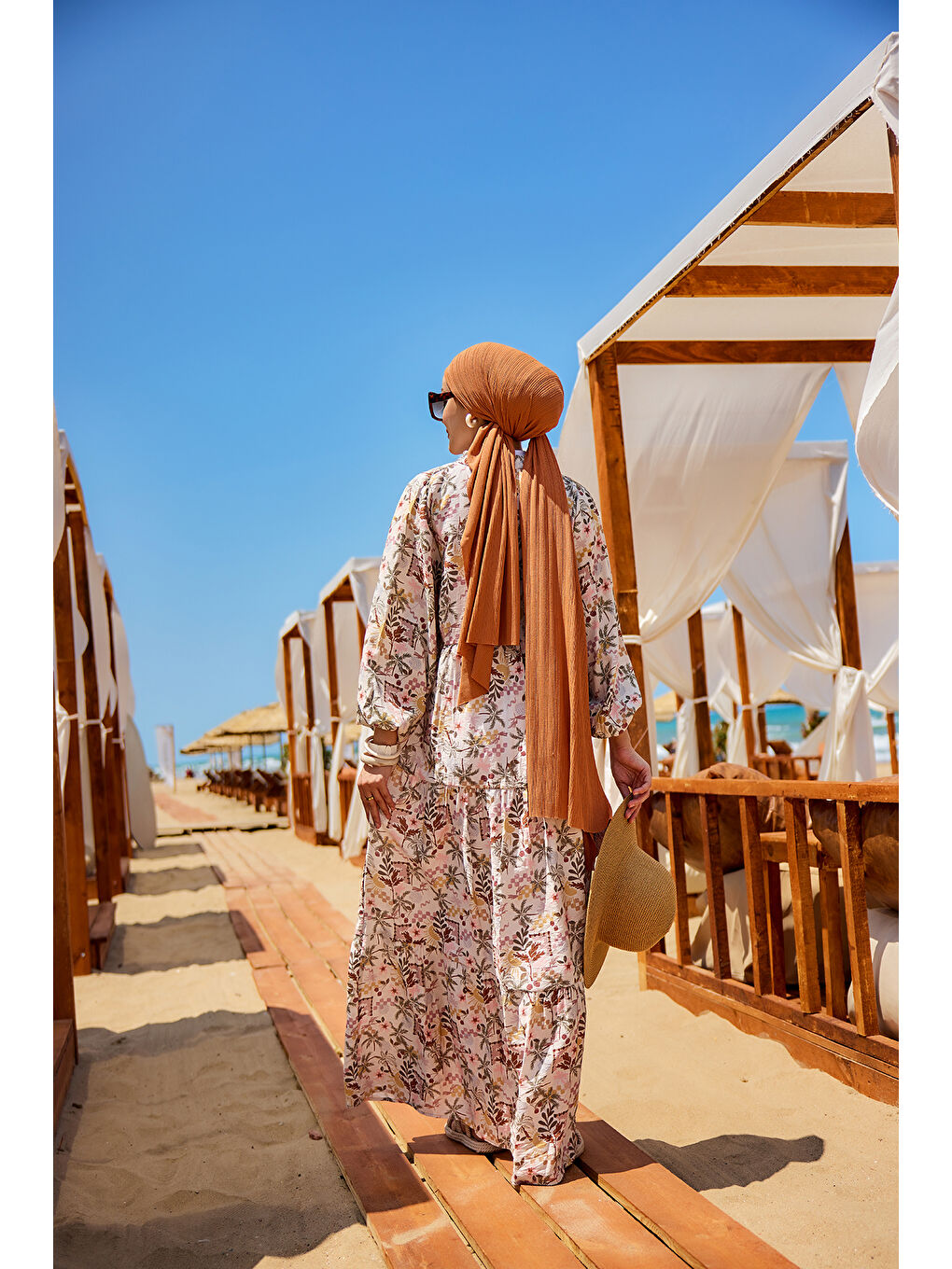 Kadın Palmiye Desen Elbise Kahverengi-3