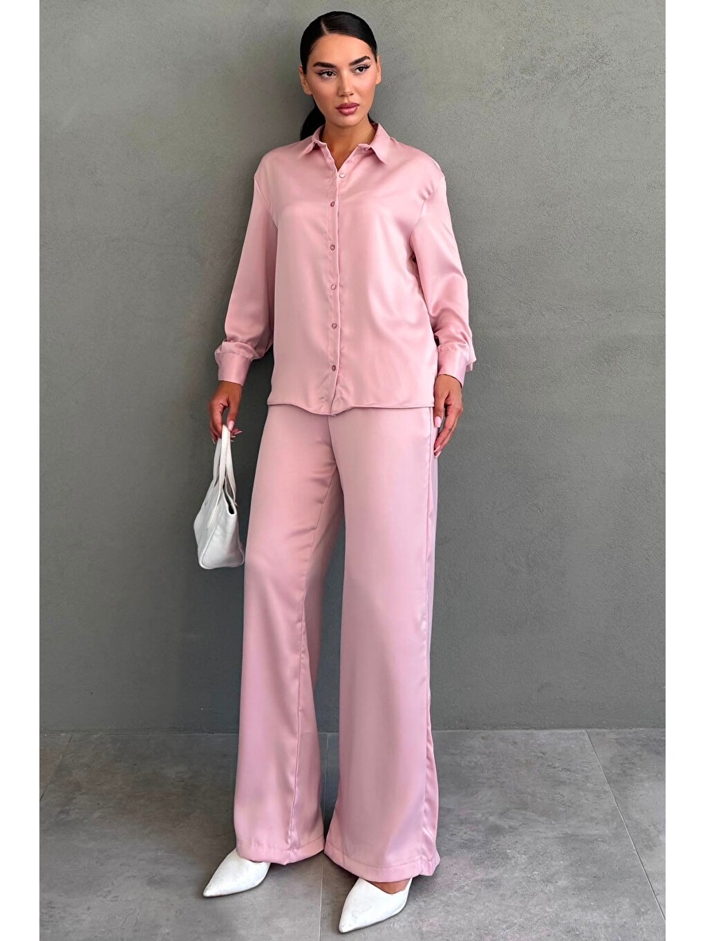 Pembe Saten Gömlek Pantolon Takım Mg2745-2