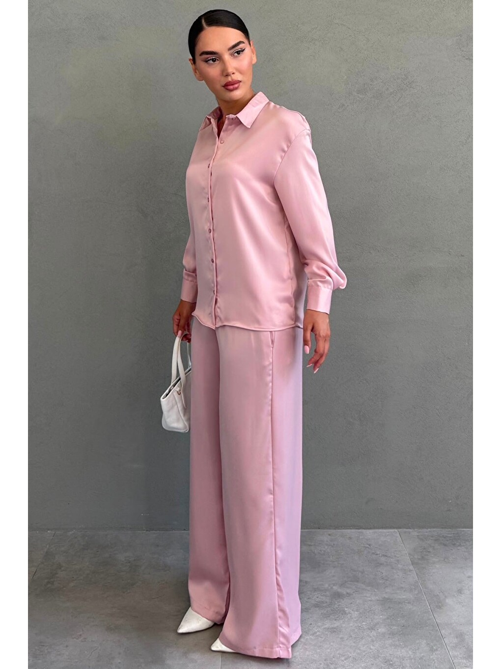 Pembe Saten Gömlek Pantolon Takım Mg2745-3