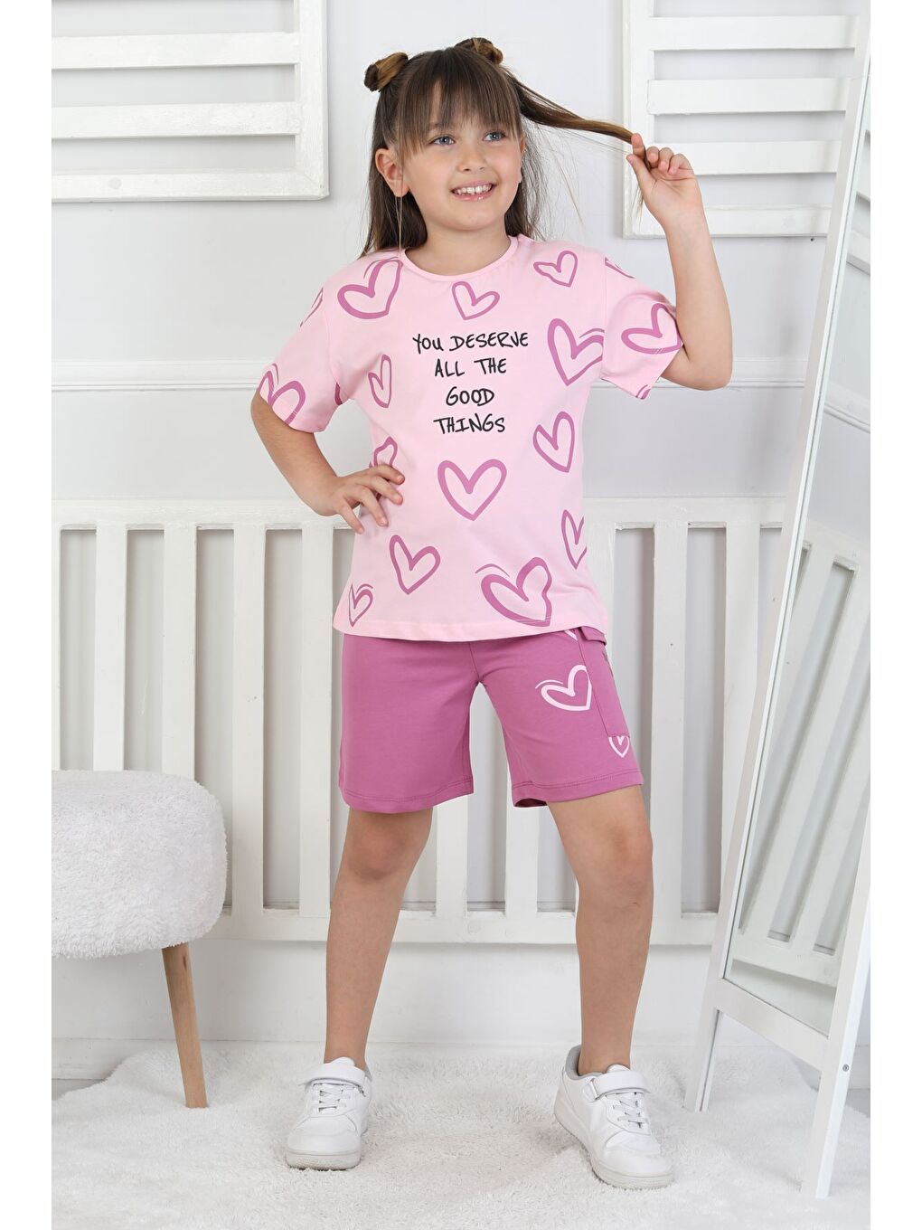 Mor Good Things Kalp Desenli Kız Çocuk Üst Süprem Alt 2 İp Şort Takım-6