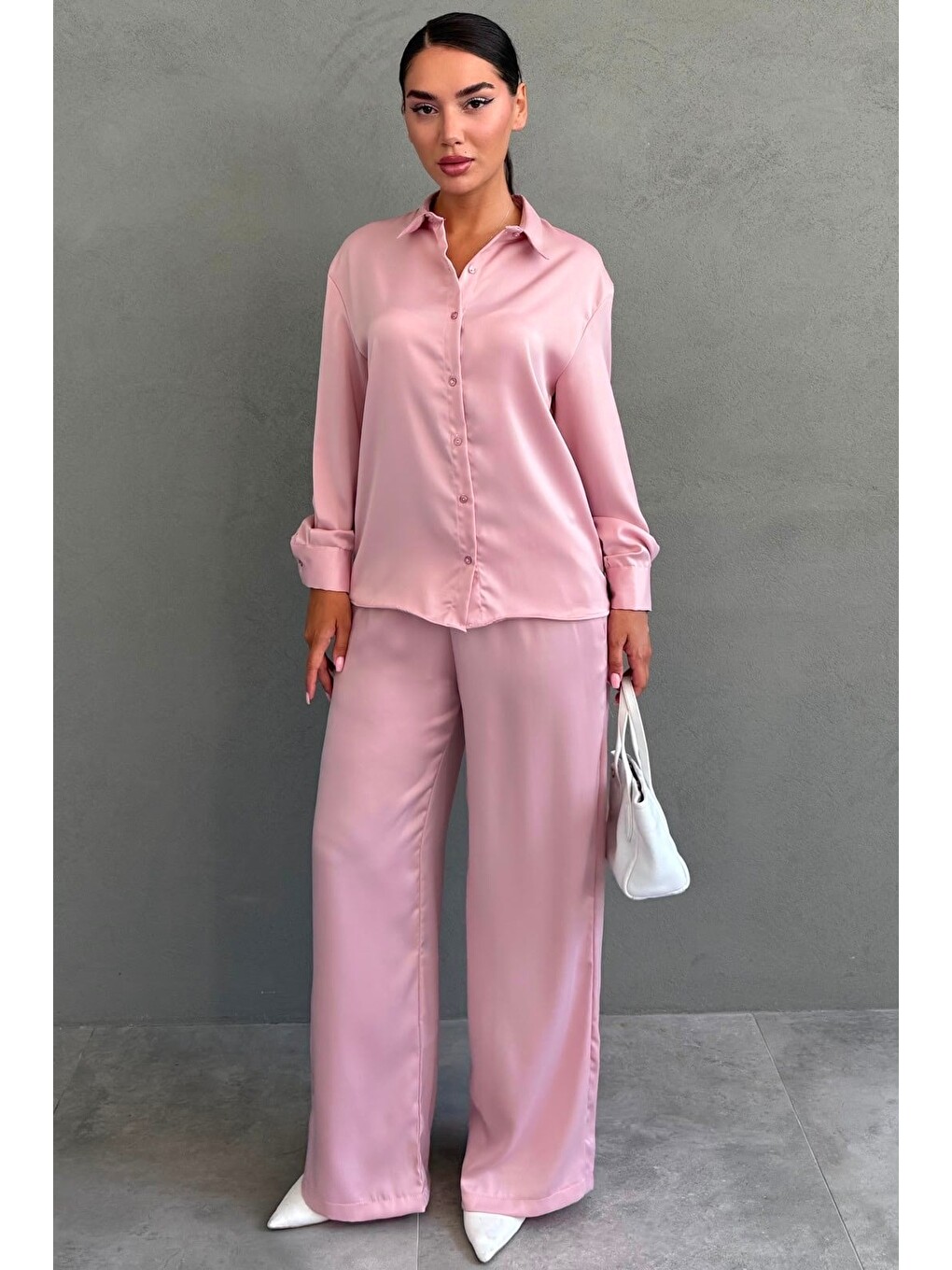 Pembe Saten Gömlek Pantolon Takım Mg2745-4