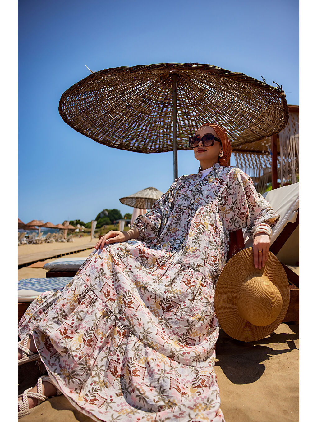 Kadın Palmiye Desen Elbise Kahverengi-4