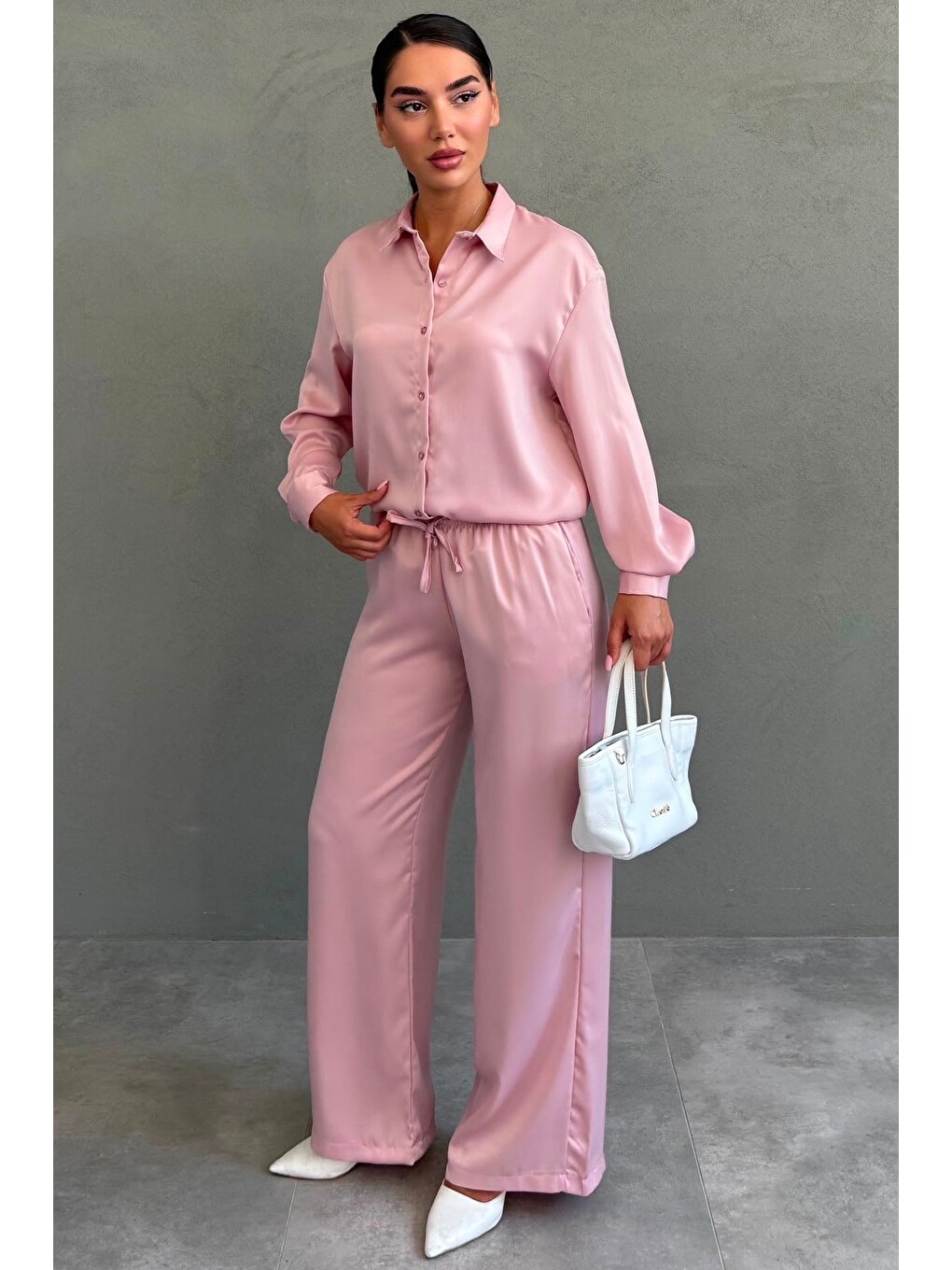 Pembe Saten Gömlek Pantolon Takım Mg2745-5