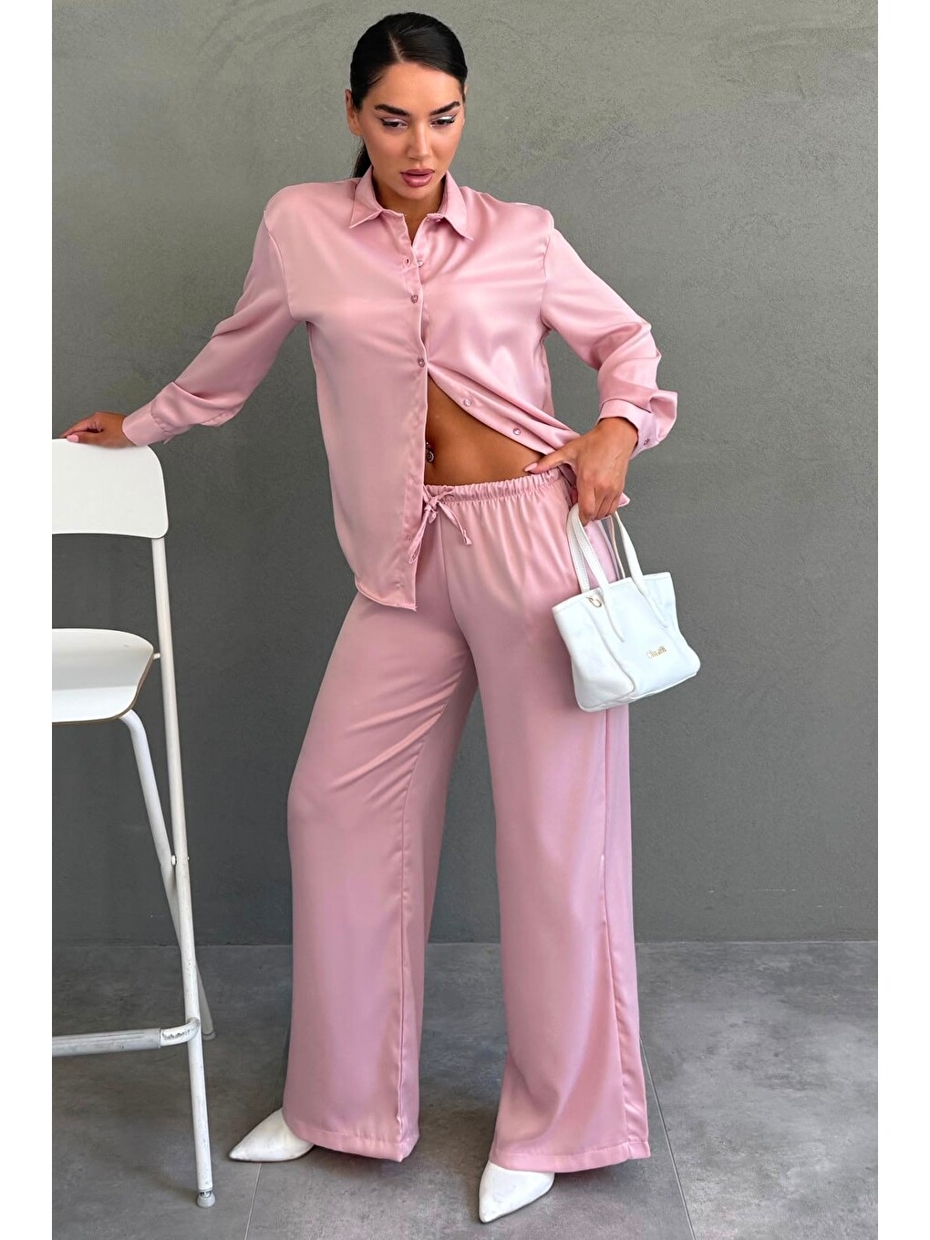 Pembe Saten Gömlek Pantolon Takım Mg2745-6