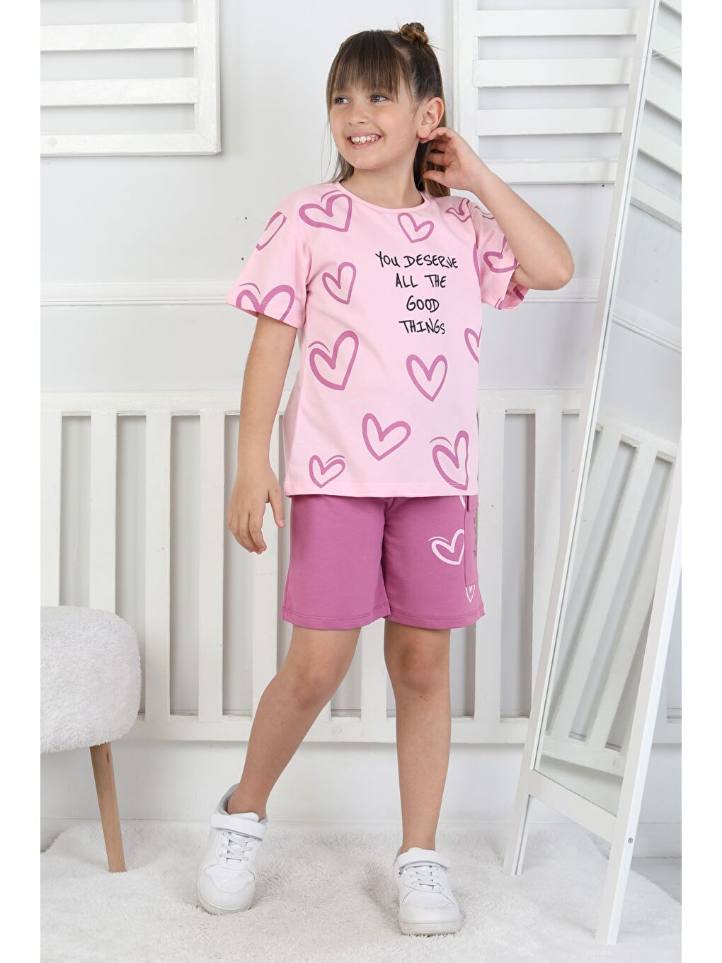 Mor Good Things Kalp Desenli Kız Çocuk Üst Süprem Alt 2 İp Şort Takım-7