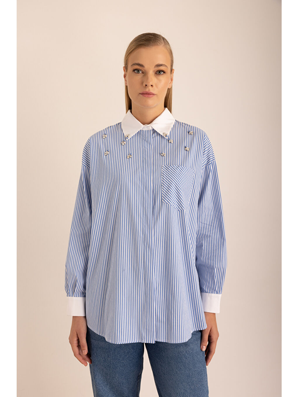 Mavi Çizgili Pamuk Taş İşlemeli Gömlek-1