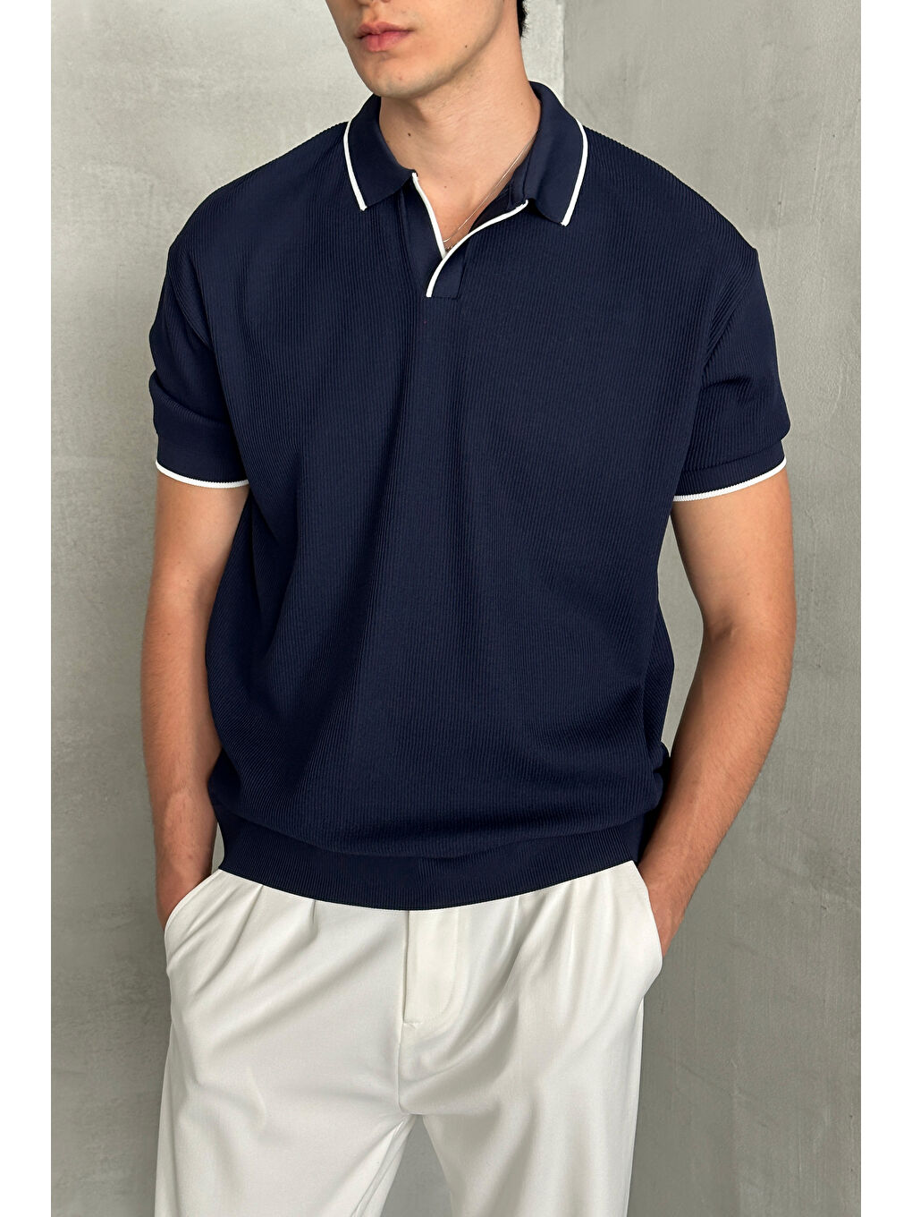 Lacivert Erkek Oversize Selanik Polo Yaka Triko T-Shirt