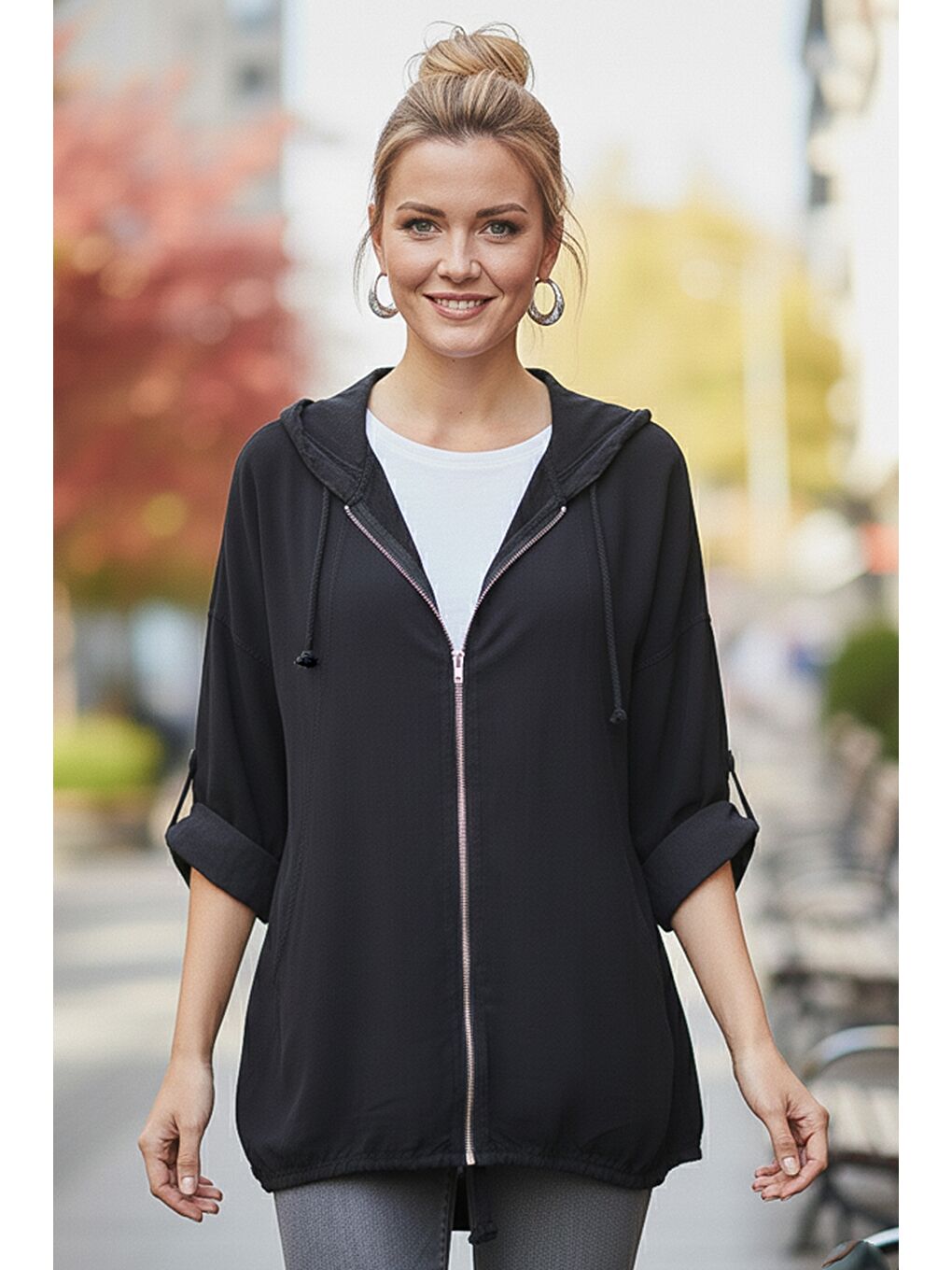 İtalyan Siyah Kapüşonlu 3/4 Kol Fermuarlı Cepli Casual Pamuklu Dokuma Ceket 70 70-3