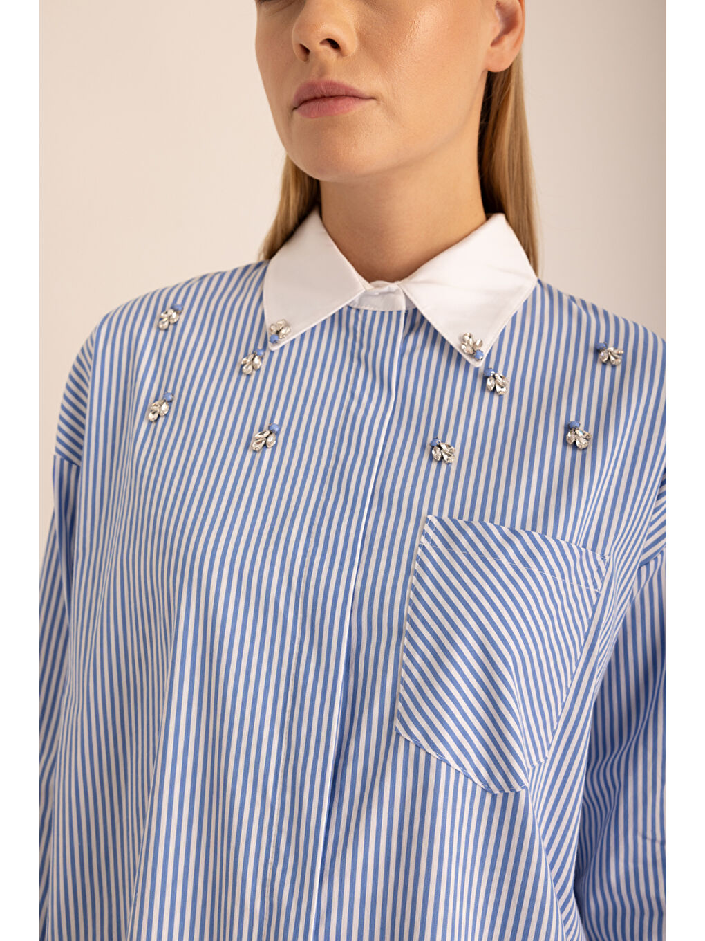Mavi Çizgili Pamuk Taş İşlemeli Gömlek-2