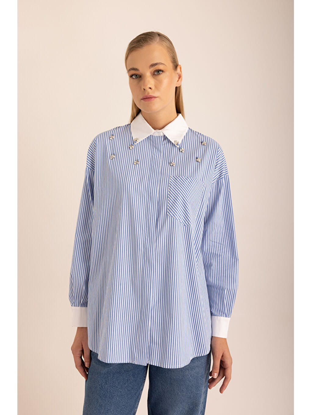Mavi Çizgili Pamuk Taş İşlemeli Gömlek-3