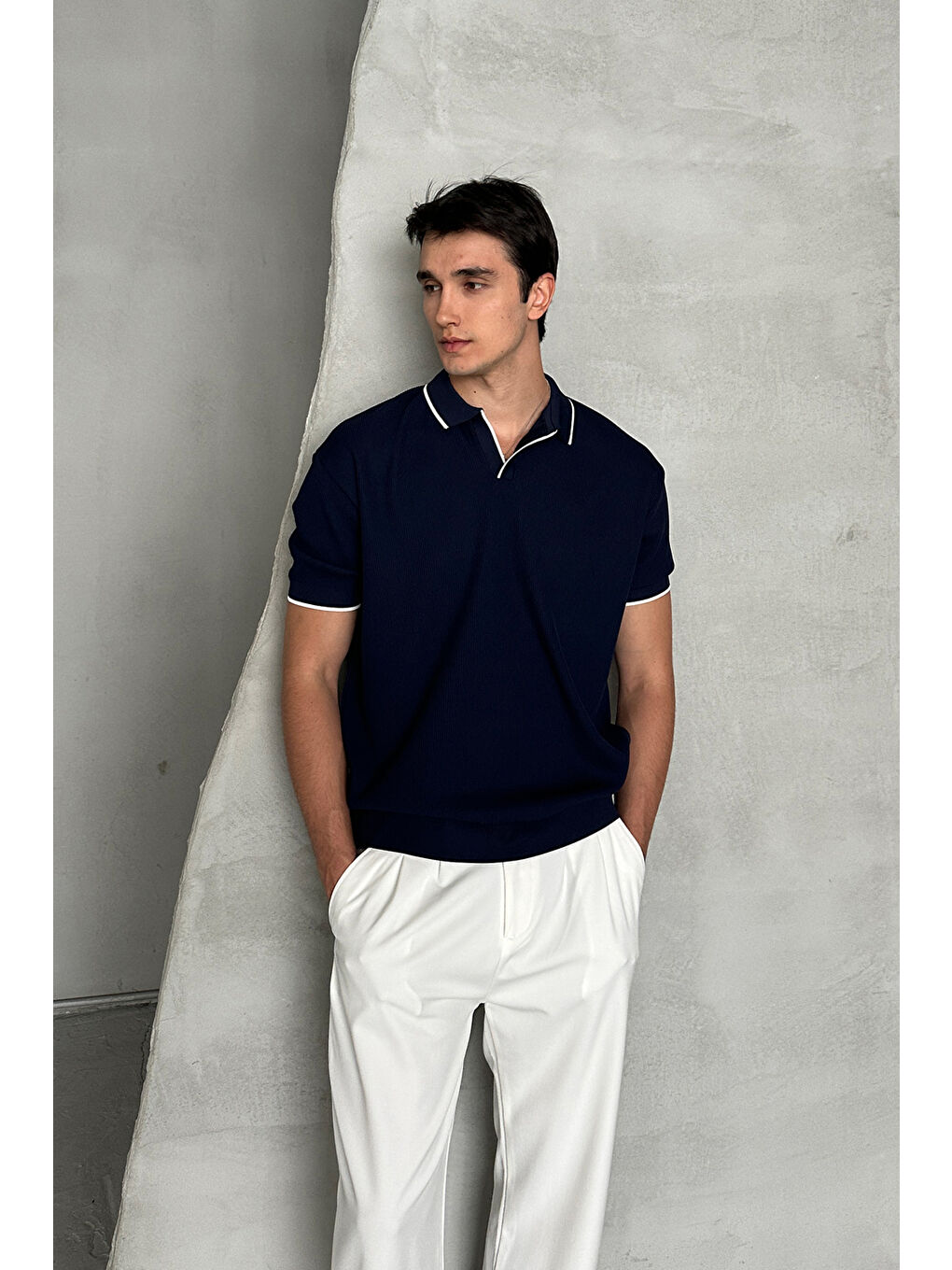 Lacivert Erkek Oversize Selanik Polo Yaka Triko T-Shirt-1